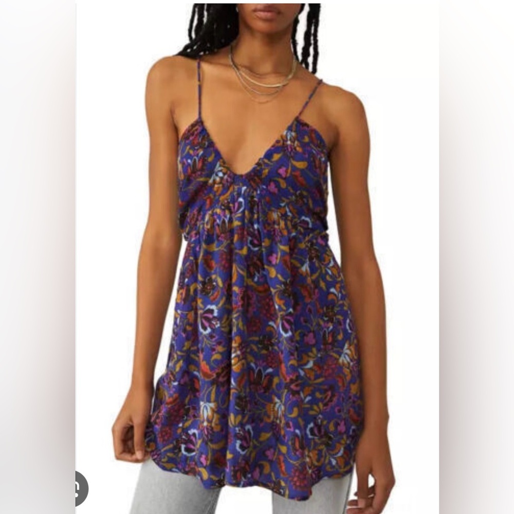 Free People Pixie Floral Print V-Neck Sleeveless Tie Open Back Tunic NWT size XL